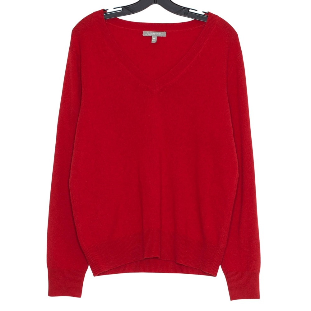 Neiman Marcus Sweater Cashmere Preppy Minimalist Old Money Capsule V Neck Red XL